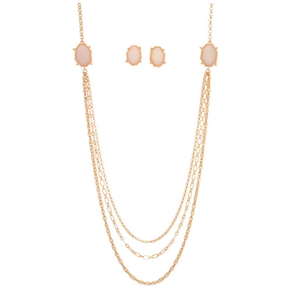 Peachy & Layered Gold Tone Necklace + Earrings Set